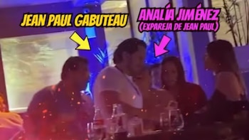 Hombre y mujer identificados por texto como Jean Paul Gabuteau y Analía Jiménez (expareja), con otras personas y vasos en un interior