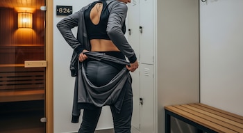 Vista trasera de una persona quitándose pantalones deportivos grises en un vestuario. Se ve un sauna de madera a la izquierda y taquillas blancas a la derecha.