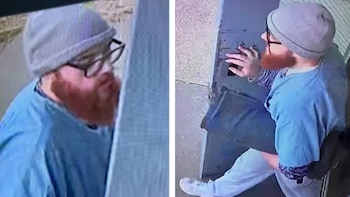 Dos tomas de seguridad de un hombre con barba pelirroja, anteojos, gorro gris y ropa azul junto a una estructura