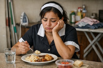 Mujer con uniforme negro y blanco, diadema, sentada a una mesa. Sostiene una cuchara sobre un plato de comida. Vaso de agua, pan y envase en mesa.
