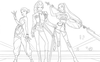 Dibujo en blanco y negro de tres mujeres jóvenes con trajes estilizados y armas como espadas y dagas