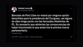 Tweet de Vladimir Cerrón