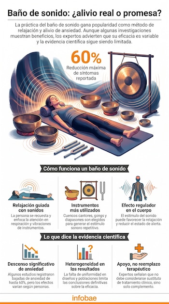 Ilustración de una mujer recostada en una colchoneta, rodeada de cuencos tibetanos, diapasones y un gong, con ondas sonoras que emanan de los instrumentos.