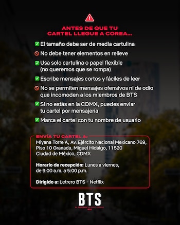 Cartel promocional digital de BTS y Netflix con instrucciones en español para enviar carteles a Corea desde México, mostrando reglas y una dirección