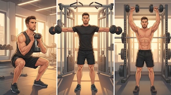 Collage ilustrativo de un hombre ejecutando sentadilla con mancuerna, elevación lateral y press de mancuernas en un gimnasio.