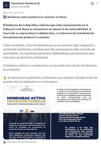 El Gobierno reitera su compromiso con la protección de los hondureños en el exterior. (Captura de pantalla)