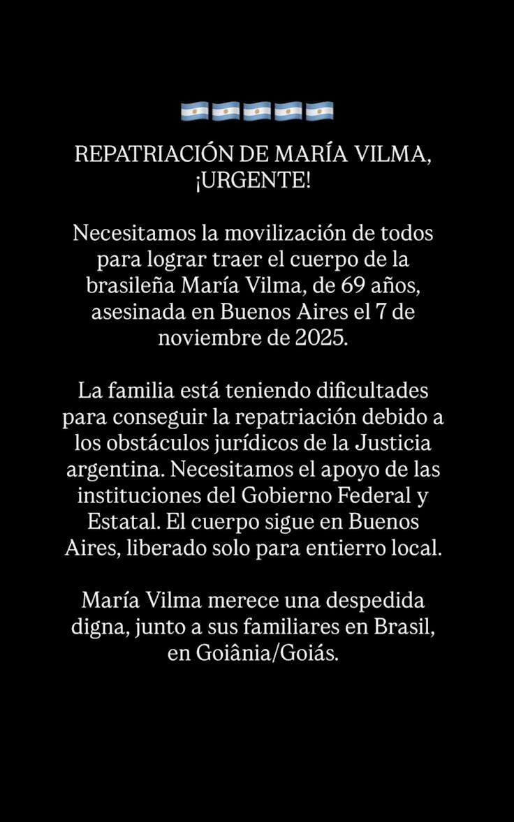 El comunicado que Carolina Bizinoto, hija de María Vilma, elaboró para difundir en redes sociales.