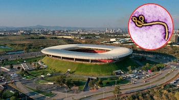 Vista aérea del Estadio Akron en Guadalajara con un círculo en la esquina superior derecha mostrando una imagen microscópica del virus del Ébola.