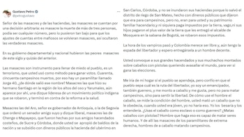 Gustavo Petro aponta os papéis históricos do movimento violento e questiona as decisões políticas do governo passado. - crédito @petrogustavo/X