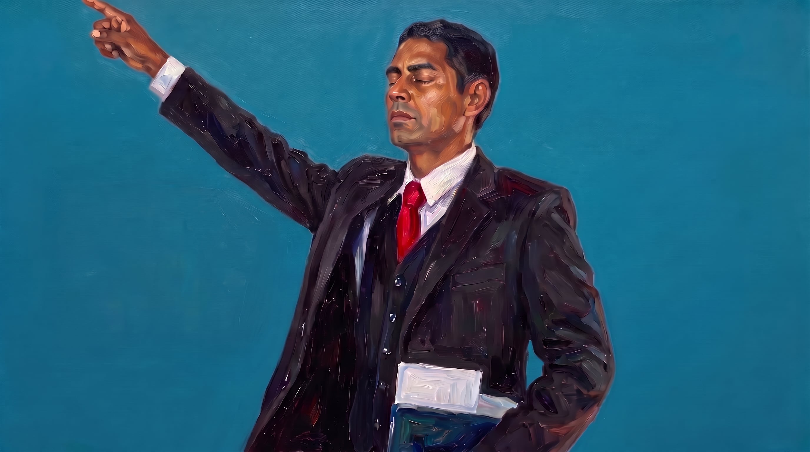 Un hombre vestido con traje y corbata roja señala hacia arriba con los ojos cerrados mientras sostiene unas hojas de papel sobre un fondo azul. (Imagen Ilustrativa Infobae)