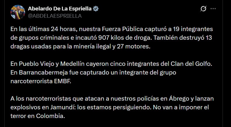 Abelardo de la Espriella dirigió un mensaje a los responsables de ataques recientes contra miembros de la Policía Nacional en Ábrego y del lanzamiento de explosivos en Jamundí - crédito @ABDELAESPRIELLA/X