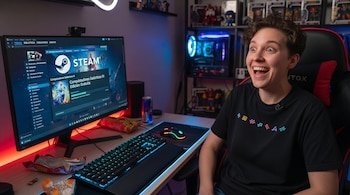 Una persona joven sonríe con entusiasmo ante un monitor que muestra la plataforma Steam. En el escritorio, teclado y ratón iluminados, además de snacks y una bebida.