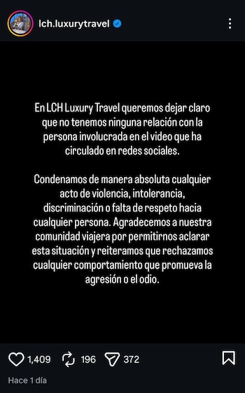 Captura de pantalla de una publicación de Instagram. Texto blanco sobre fondo negro de LCH Luxury Travel que desmiente relación con video viral