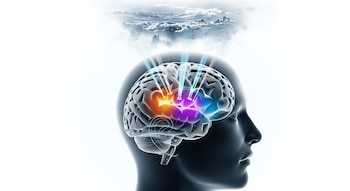 Ilustración digital de una cabeza humana de perfil con el cerebro expuesto, mostrando el giro fusiforme resaltado con haces de luz y un paisaje difuso sobre la cabeza.