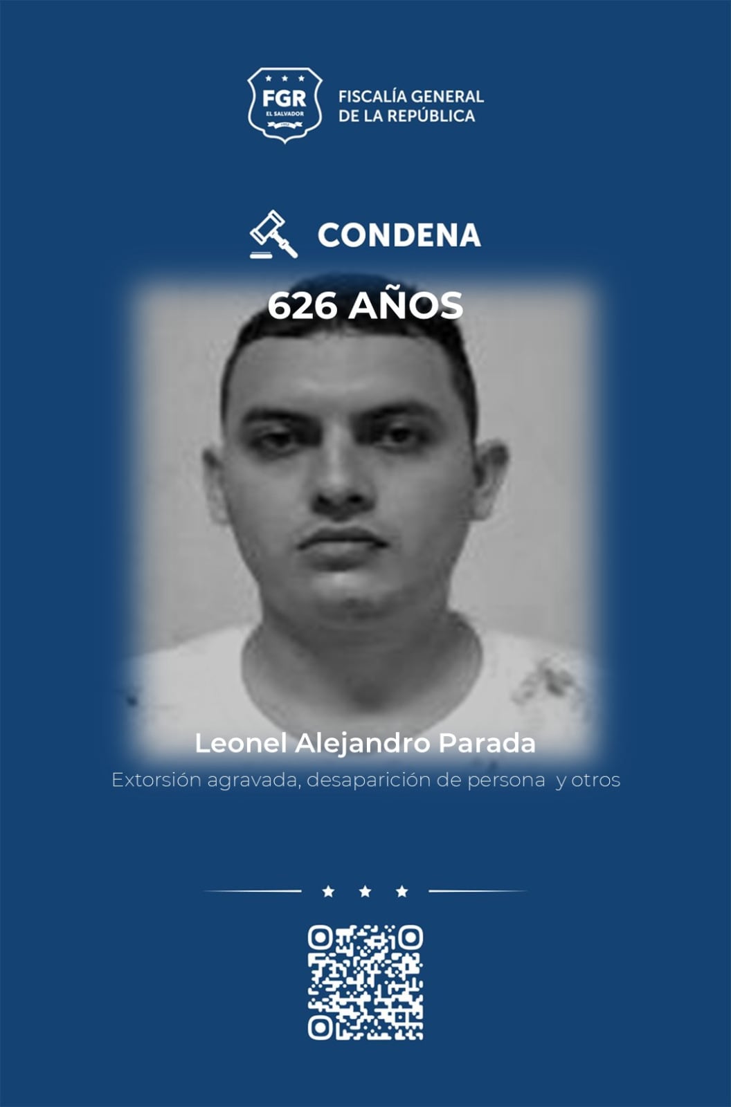 Leonel Alejandro Parada Santos, alias Toño, recibió la pena más alta, con 626 años de prisión por desaparición de personas, extorsión agravada, tráfico ilícito y organizaciones terroristas. (Cortesía: Fiscalía General de la República)