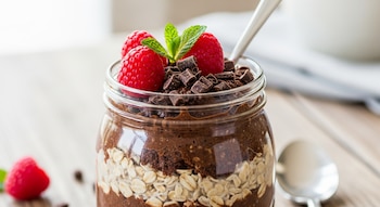 Frasco de vidrio con avena trasnochada de chocolate y capas de avena. Está decorado con frambuesas, virutas de chocolate y menta fresca. Una cuchara se encuentra dentro.