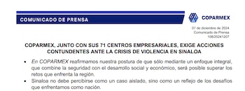 Un fragmento del comunicado, emitido