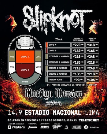 Afiche promocional con un mapa de distribución del estadio, tabla de zonas con precios y logotipos de las bandas Slipknot y Marilyn Manson