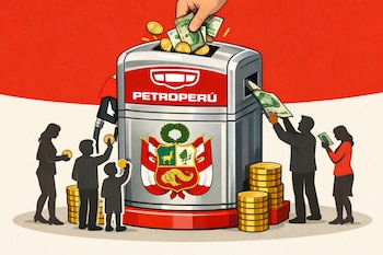 Ilustración de un surtidor de gasolina con el logo de Petroperú, convertido en alcancía, donde personas depositan soles peruanos, junto al escudo nacional.