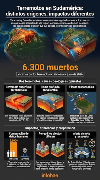 Infografía sobre terremotos en Sudamérica con mapas de Venezuela y Colombia, cortes geológicos de sismos, placas tectónicas, edificios y número de víctimas. Fuente: Infobae.