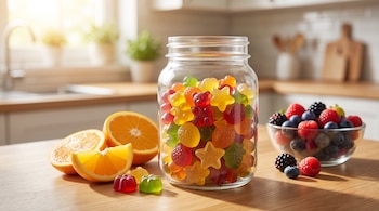 Un frasco de vidrio con gomitas de colores de diversas formas. En la mesa, naranjas cortadas y un tazón con frambuesas, arándanos y moras frescas.