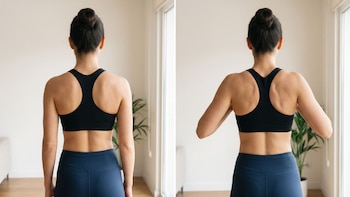 Dos imágenes comparativas de espaldas a una mujer con top deportivo negro, que realiza una contracción muscular con sus omóplatos