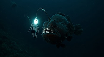 Un pez abisal de color oscuro con dientes afilados y una antena bioluminiscente nada en el agua oscura del fondo oceánico.