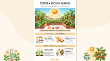 Infografía que muestra un huerto en azotea con tomates, pimientos y hierbas bajo el sol. Incluye termómetros, un mapa de México y gráficos sobre temperatura y plantas.