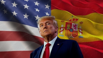 Imagen ilustrativa con las banderas de Estados Unidos y España de fondo y Donald Trump al frente. (Montaje Infobae)