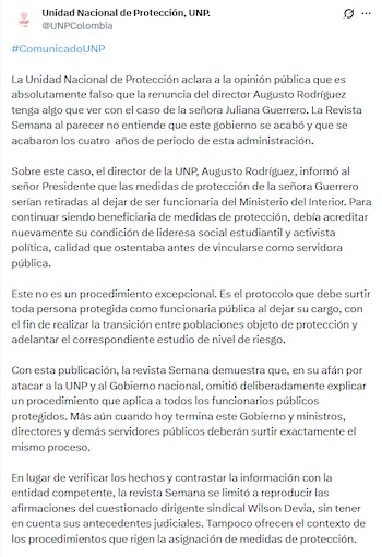 La entidad sostuvo que el dirigente informó al presidente Gustavo Petro que el esquema de la exfuncionaria del Ministerio del Interior sería levantado una vez terminara su vínculo con esa cartera - crédito @UNPColombia/X