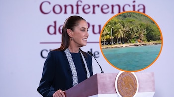 Claudia Sheinbaum en un podio de prensa junto a una imagen circular encuadrada en naranja que muestra un paisaje tropical con mar y palmeras.