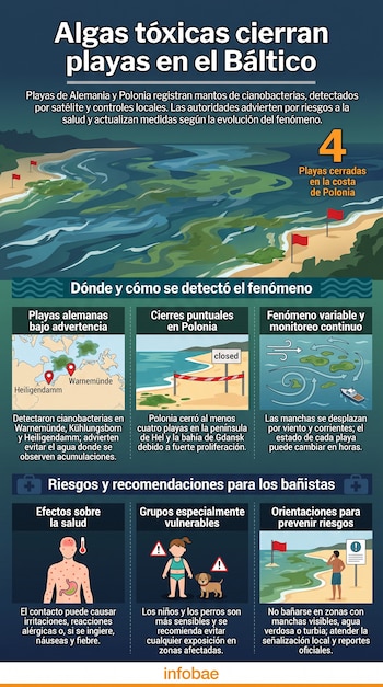 Infografía con ilustraciones de una playa con algas, mapa de Alemania, playa cerrada en Polonia, riesgos para la salud y recomendaciones, logo Infobae.