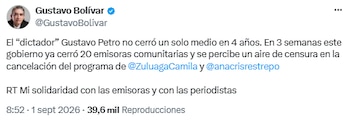 Gustavo Bolívar habló de un “aire de censura” tras salida de Camila Zuluaga de Blu Radio - crédito @GustavoBolivar/X