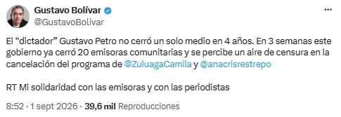 Gustavo Bolívar habló de un “aire de censura” tras salida de Camila Zuluaga de Blu Radio - crédito @GustavoBolivar/X