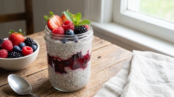 Pudín de chía con capas de mermelada de frutos rojos en un frasco de vidrio, decorado con fresas, frambuesas, arándanos y menta sobre una mesa de madera.