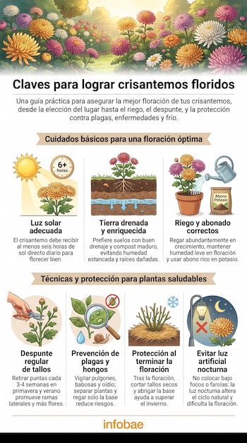 Infografía explicativa sobre los cuidados del crisantemo con ilustraciones de la planta, el sol, el riego y el control de plagas.