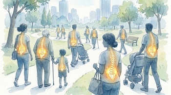 Ilustración en acuarela de personas de distintas edades caminando en un parque urbano, mostrando sus columnas vertebrales con luz brillante en la zona lumbar.