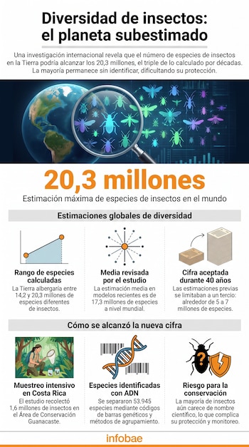 Globo terráqueo, lupa con siluetas de insectos, gráficos de barras, texto e iconos que ilustran datos sobre la diversidad de insectos y su estimación global.