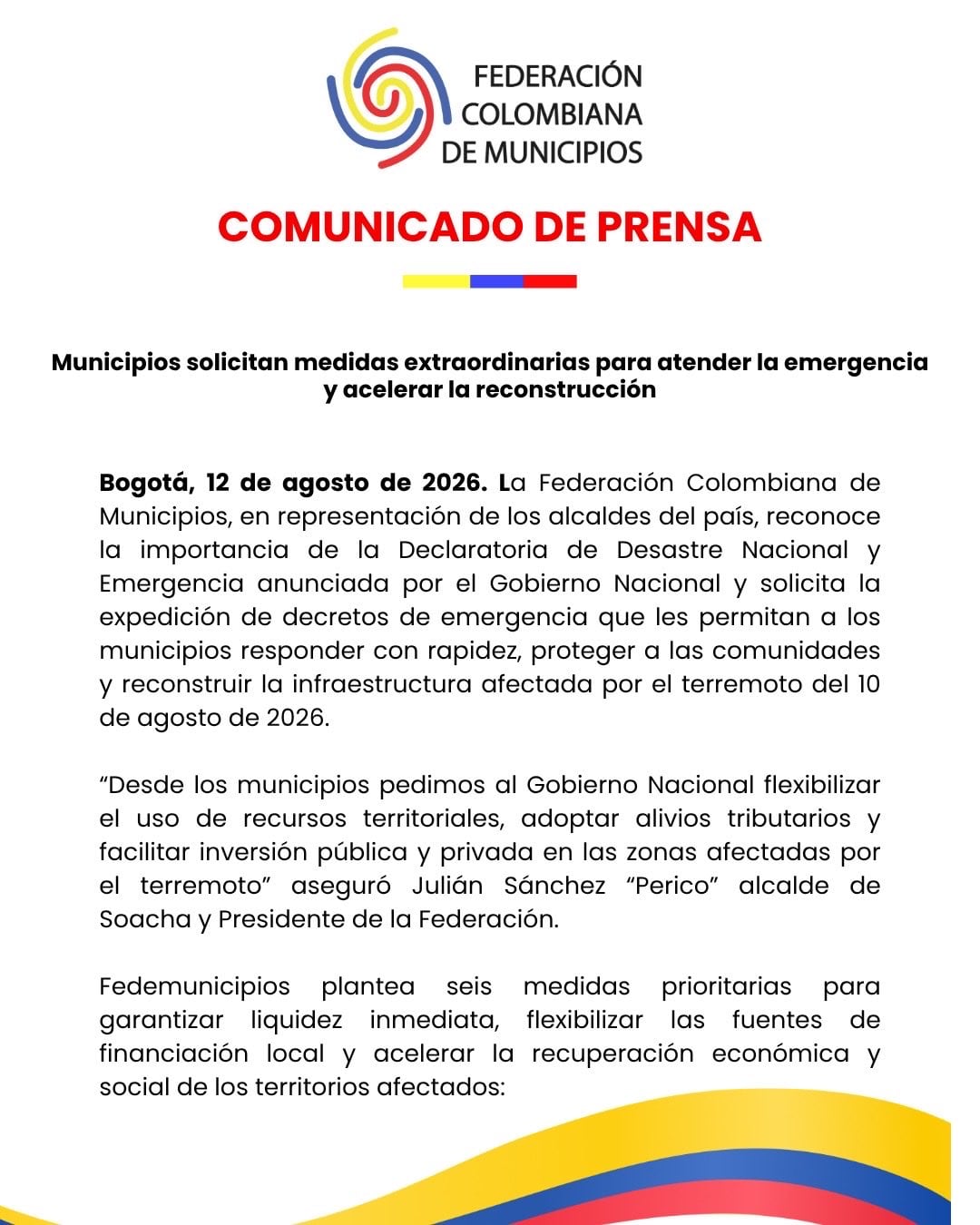 Fedemunicipios espera apoyo del Gobierno nacional - crédito @Fedemunicipios / X