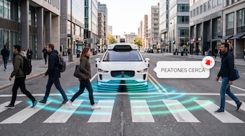 Un coche blanco frente a un paso de peatones con personas cruzando, líneas de radar azules y un bocadillo de texto con las palabras Peatones cerca.