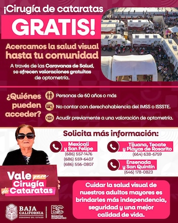 Afiche informativo sobre cirugías de cataratas gratuitas en Baja California, México, con imagen de una mujer y caravanas de salud
