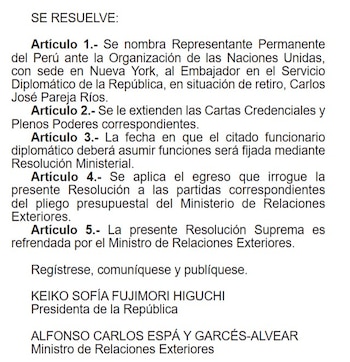 Texto en español de una resolución suprema con cinco artículos y las firmas de Keiko Fujimori y Alfonso Espá al final del documento
