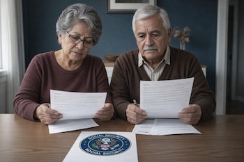 Una pareja de ancianos de fenotipo mexicano sentados en una mesa, cada uno sosteniendo y mirando documentos, con un logo de Seguridad Social en la mesa.