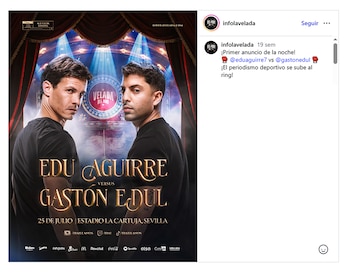 Póster de evento con Edu Aguirre y Gastón Edul, con fondo de ring de boxeo, cortinas rojas y focos. Incluye textos y logos de patrocinadores