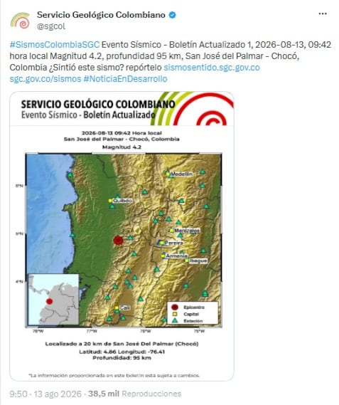 Segundo temblor en el departamento del Chocó el 13 de agosto de 2026 - crédito @sgcol/X