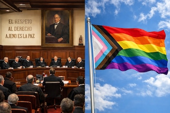 Una imagen dividida muestra a los jueces del pleno de la SCJN sentados en una sala de tribunal a la izquierda y una bandera Progress Pride ondeando a la derecha.