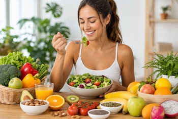 Una mujer come ensalada frente a una mesa con tazones de frutas, verduras, semillas y un vaso de jugo de naranja.