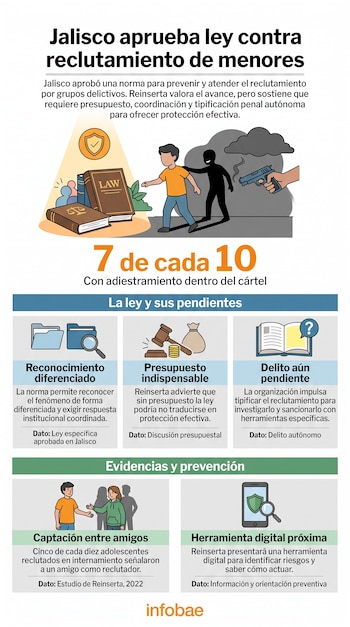 Infografía con textos e ilustraciones sobre la ley de Jalisco contra el reclutamiento infantil, con datos estadísticos e iconos explicativos.
