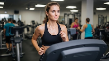 Mujer joven con ropa deportiva negra sobre una cinta de correr en el interior de un gimnasio.