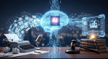 Un cerebro digital con chip AI, una máquina de escribir, un micrófono de radio, libros, balanza de la justicia, mazo de juez y papeles con texto NEWS.
